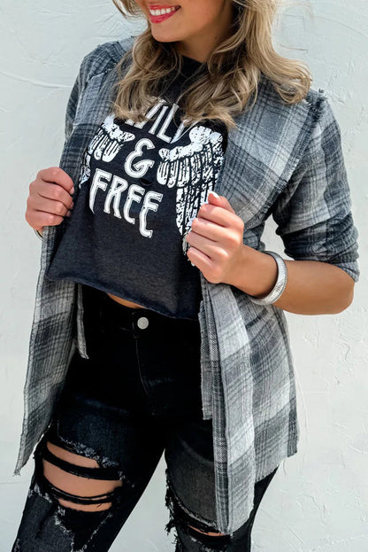 Gray Raw Edge Plaid Open Front Shacket