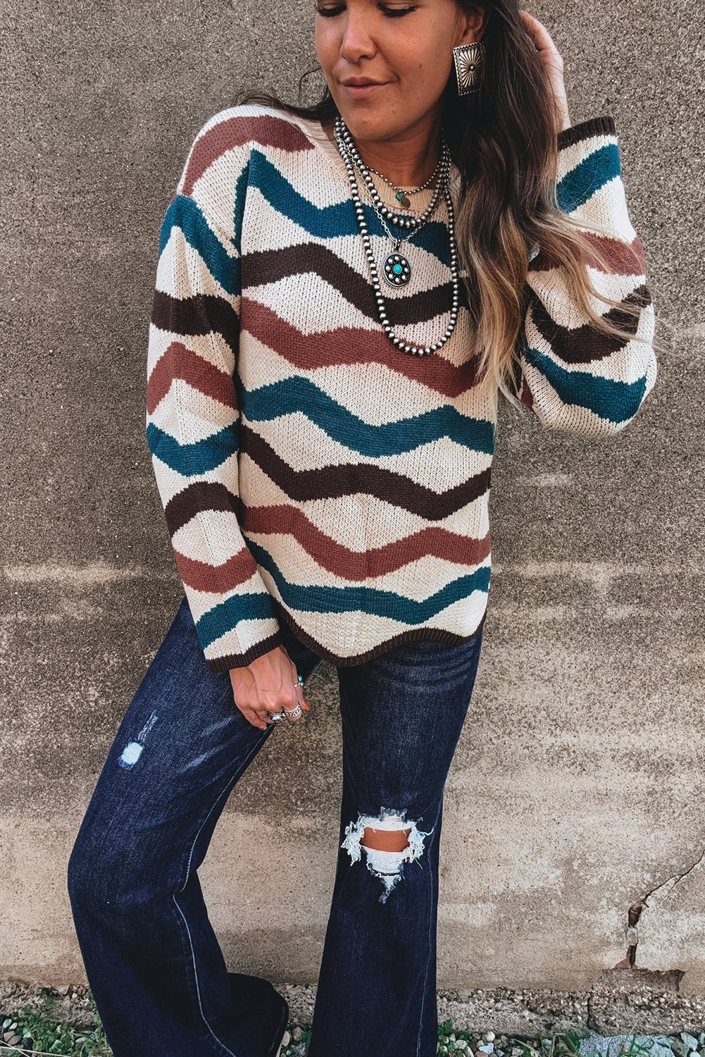 Multicolour Retro Wave Print Western Sweater