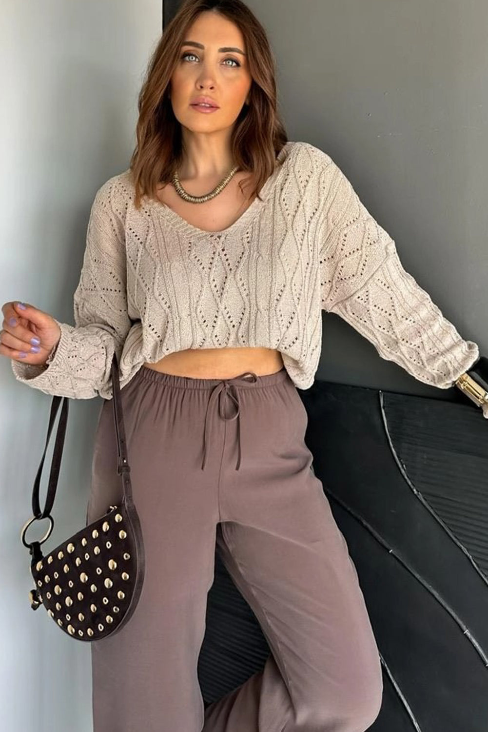 Parchment Geometric Textured Crisscross Lace up Knit V Neck Sweater