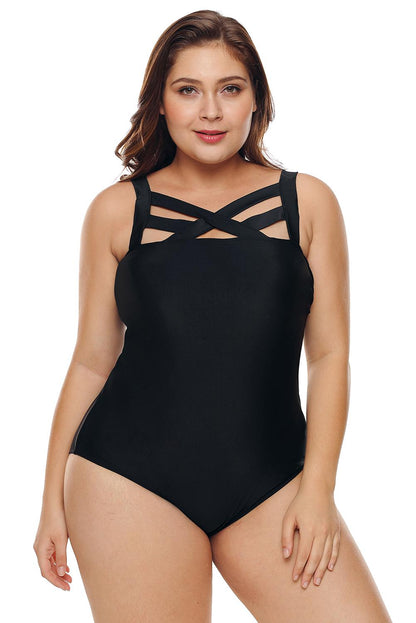 Black Hollow-out Neck Plus Size Maillot Swimsuit with Elegant Shoulder Straps