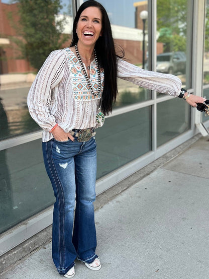 Ethnic Chic White Aztec Embroidered Notched Blouse