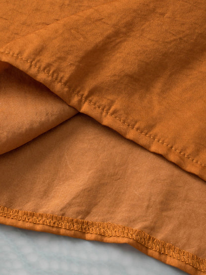 Graceful Camel Satin Pleated V Neck Puff Sleeve Blouse