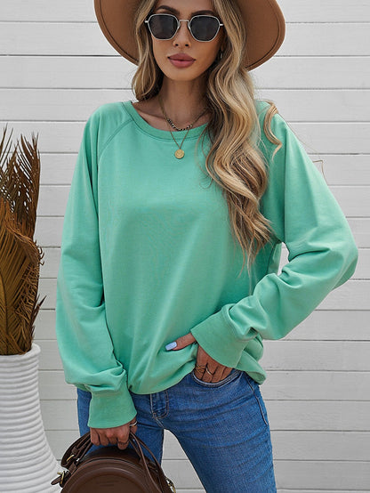 Green Crew Neck Long Sleeve Sweatshirt with Distressed Detail