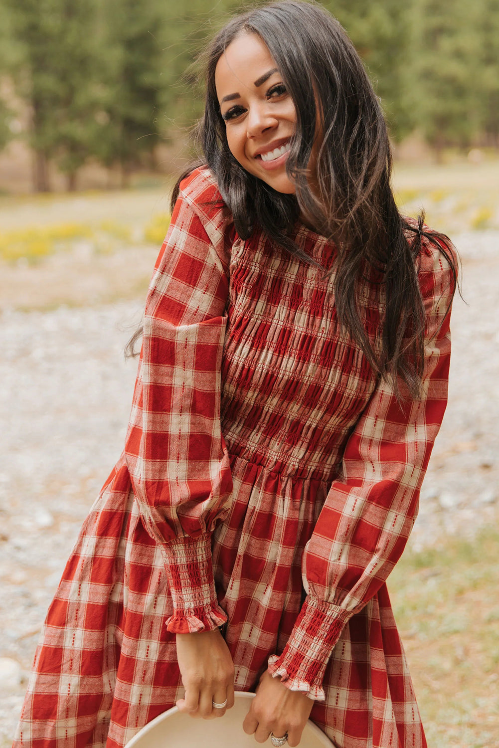 Red Plaid Print Long Sleeve Smocked Flared Mini Dress