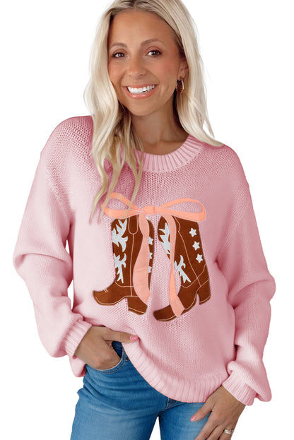 Pink Embroidered Bow Boots Graphic Drop Shoulder Sweater