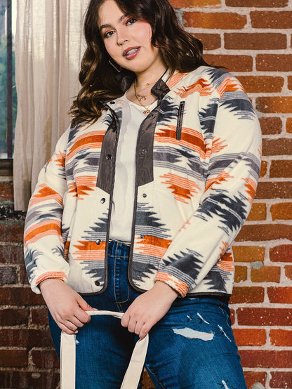 Aztec Print Stand Neck Plus Size Jacket in Grey Geo Patchwork