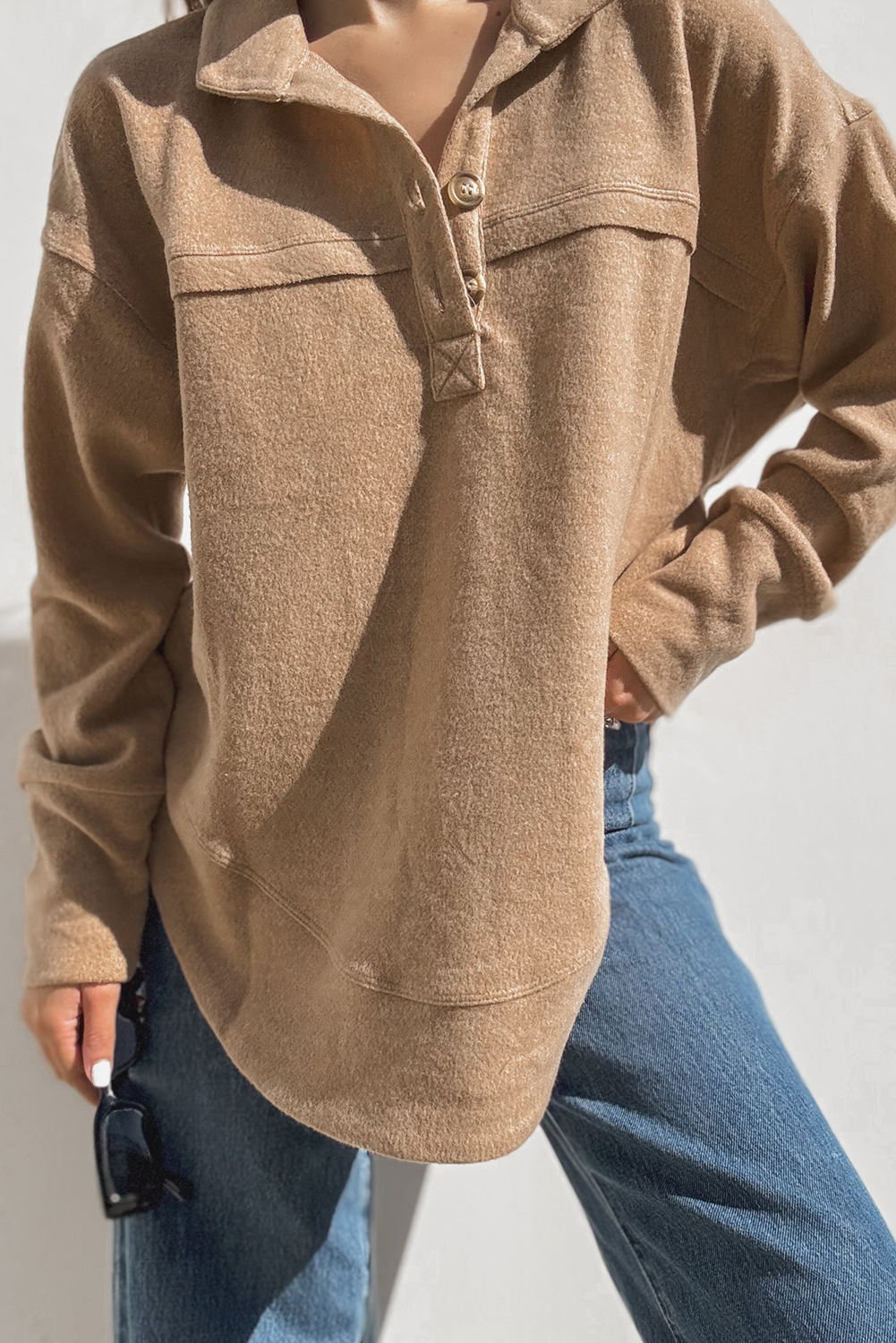 Light French Beige Polo Collar Half Button Long Sleeve Top