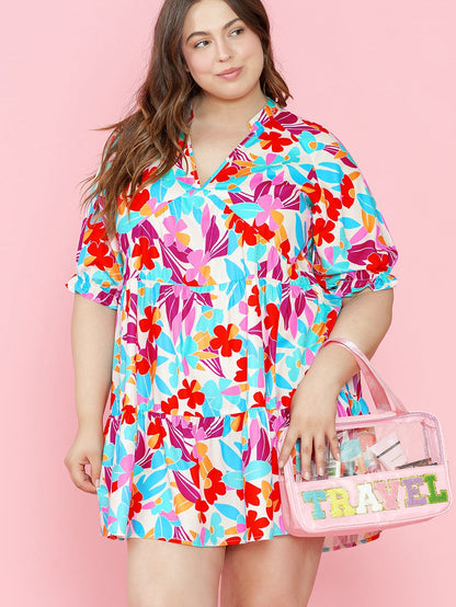 Multicolour Floral Tiered V Neck Plus Dress