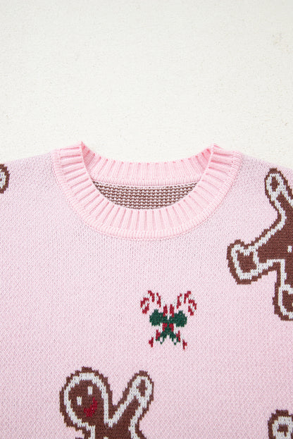 Pink Christmas Ginger Bread Man Print Round Neck Casual Sweater
