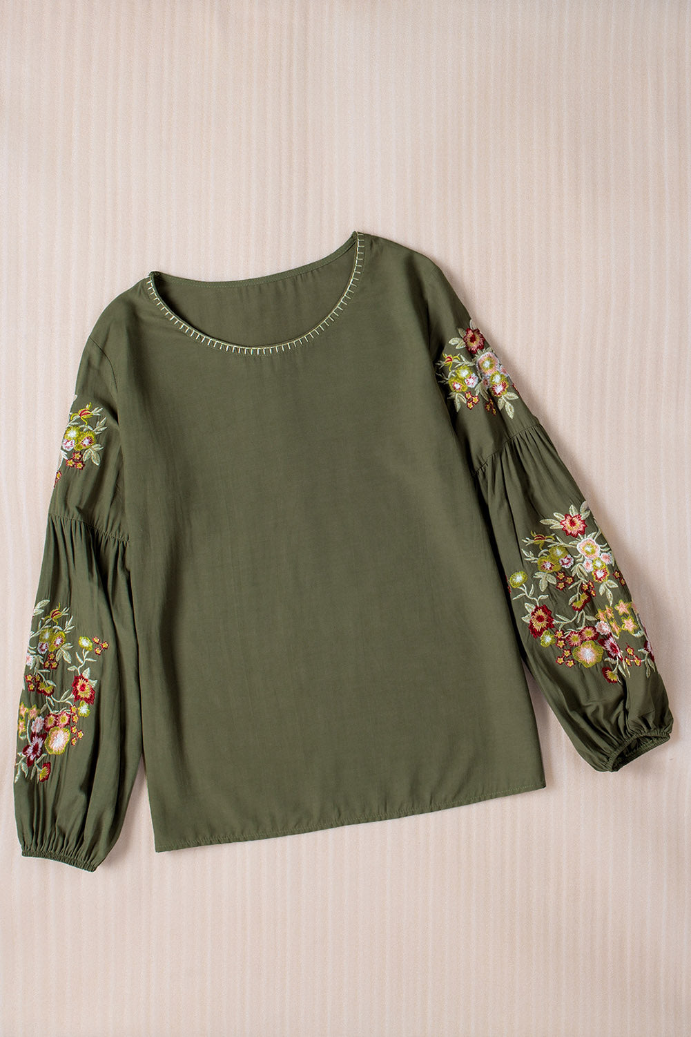 Emerald Green Floral Embroidered Crew Neck Top