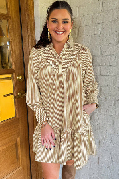 Brown Stripe Collared Neck Cuffed Long Sleeve Drop Waist Mini Dress