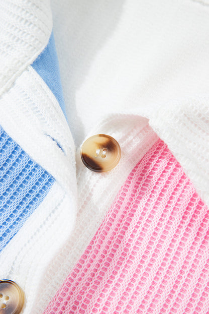 Multicolour Color Block Patchwork Waffle Knit Collar Button Neck Long Sleeve Top