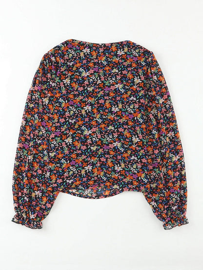 Elegant Black Floral Blouse with Bubble Sleeves