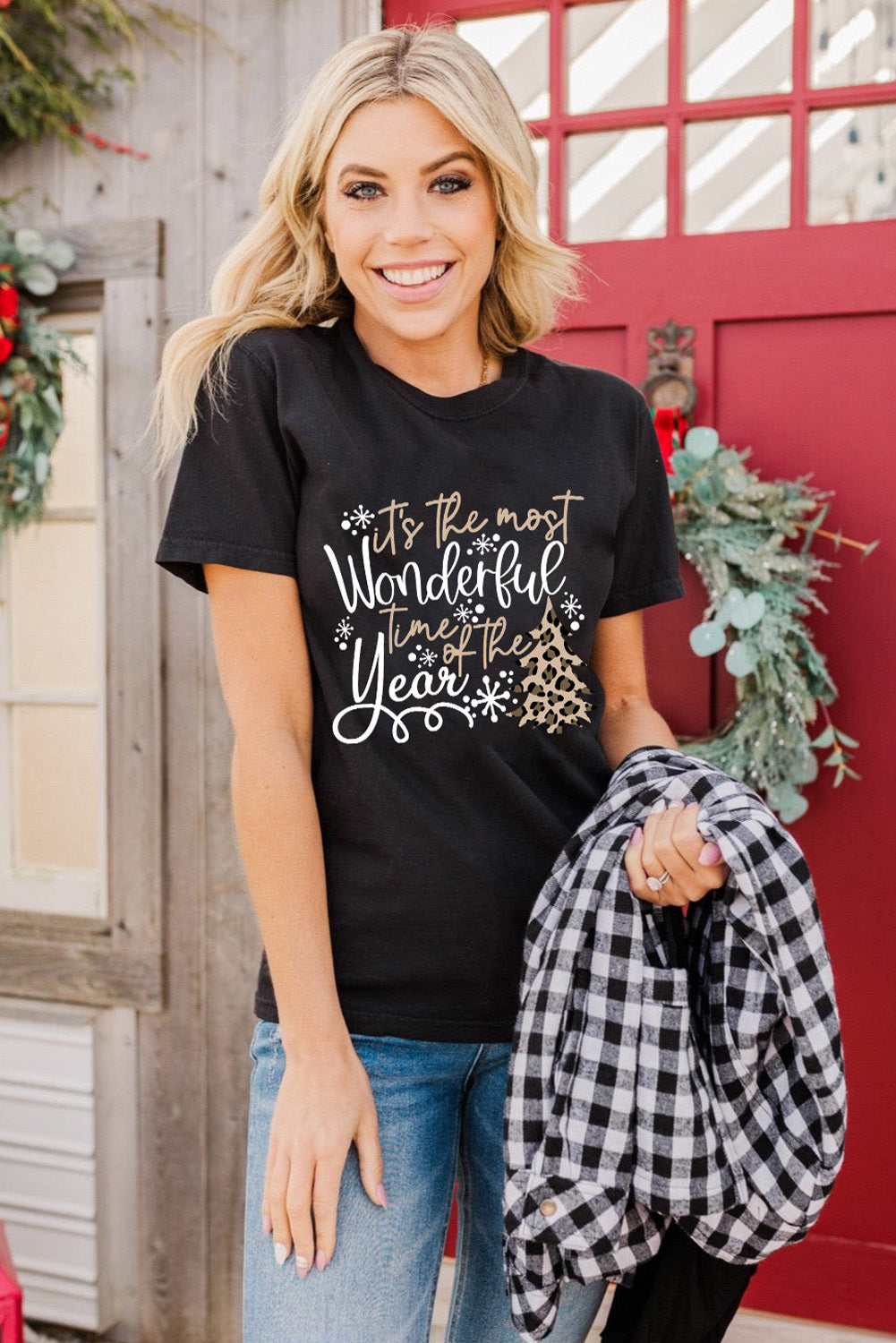 Festive Black Leopard Graphic Tee with Christmas Vibes