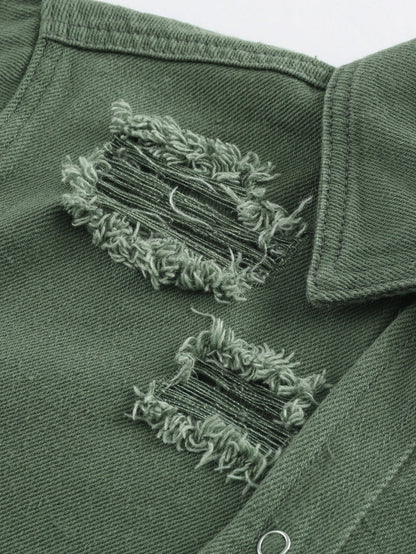 Green Distressed Cotton Shacket