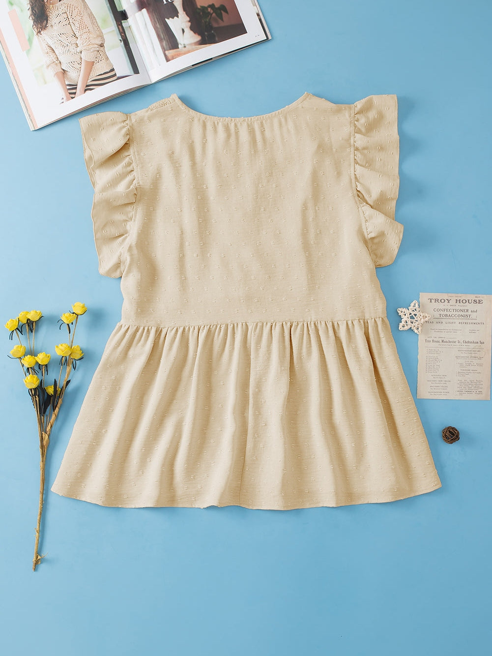 Golden Fleece Plus Size Swiss Dot Lace Trim Split Neck Babydoll Top