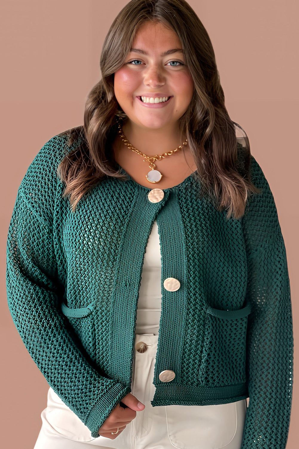 Blackish Green Plus Size Drop Shoulder Knit Button Down Sweater Cardigan