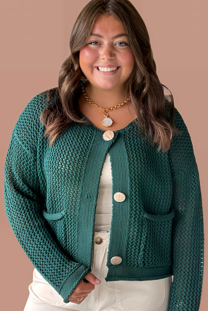 Blackish Green Plus Size Drop Shoulder Knit Button Down Sweater Cardigan