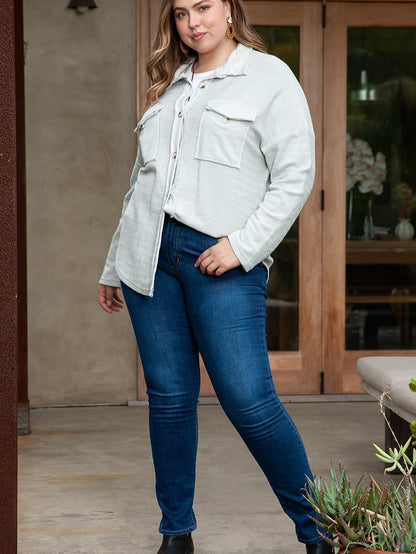 Gray Exposed Seam Flap Pocket Plus Size Shacket
