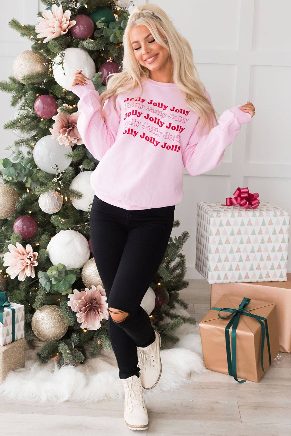 Holiday Joy Pink Jolly Letter Print Sweatshirt
