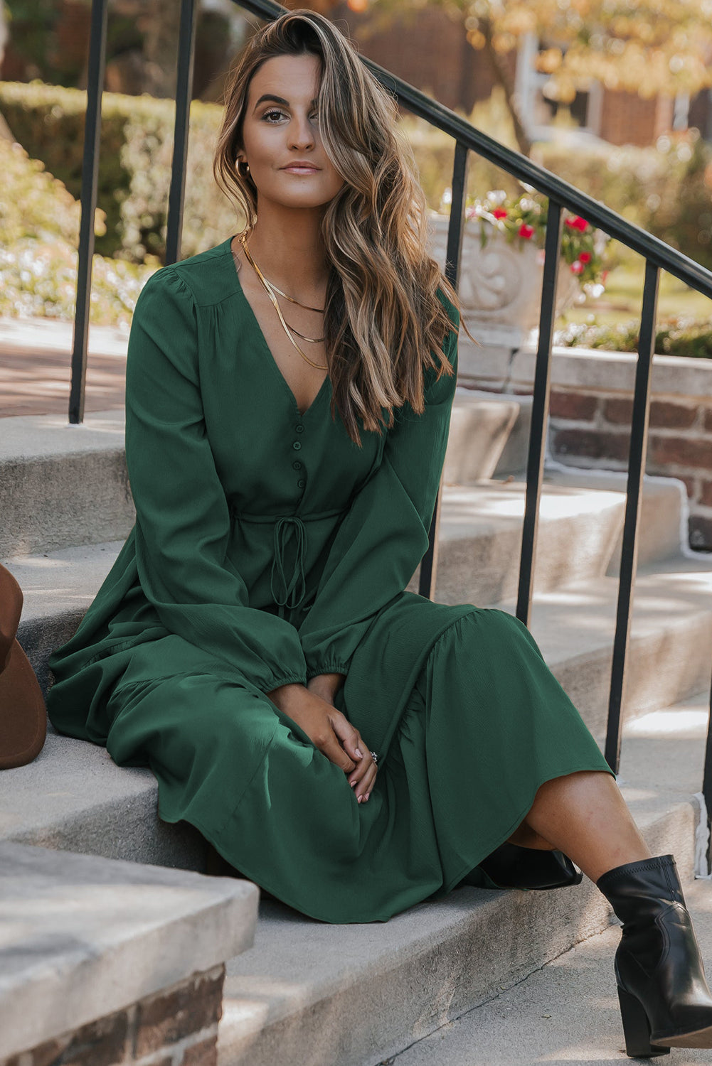 Blackish Green Solid Long Sleeve Button V Neck Tiered Maxi Dress