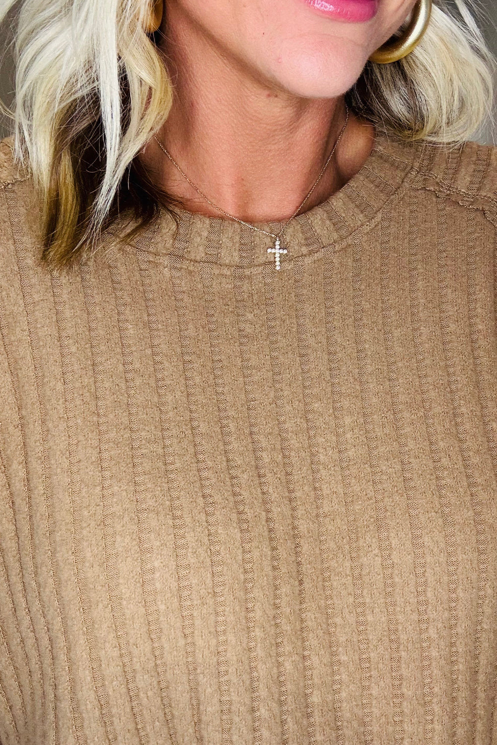 Light French Beige Ribbed Texture Exposed Seam Drop Shoulder Patch Pocket 2pcs Loose Pant Set