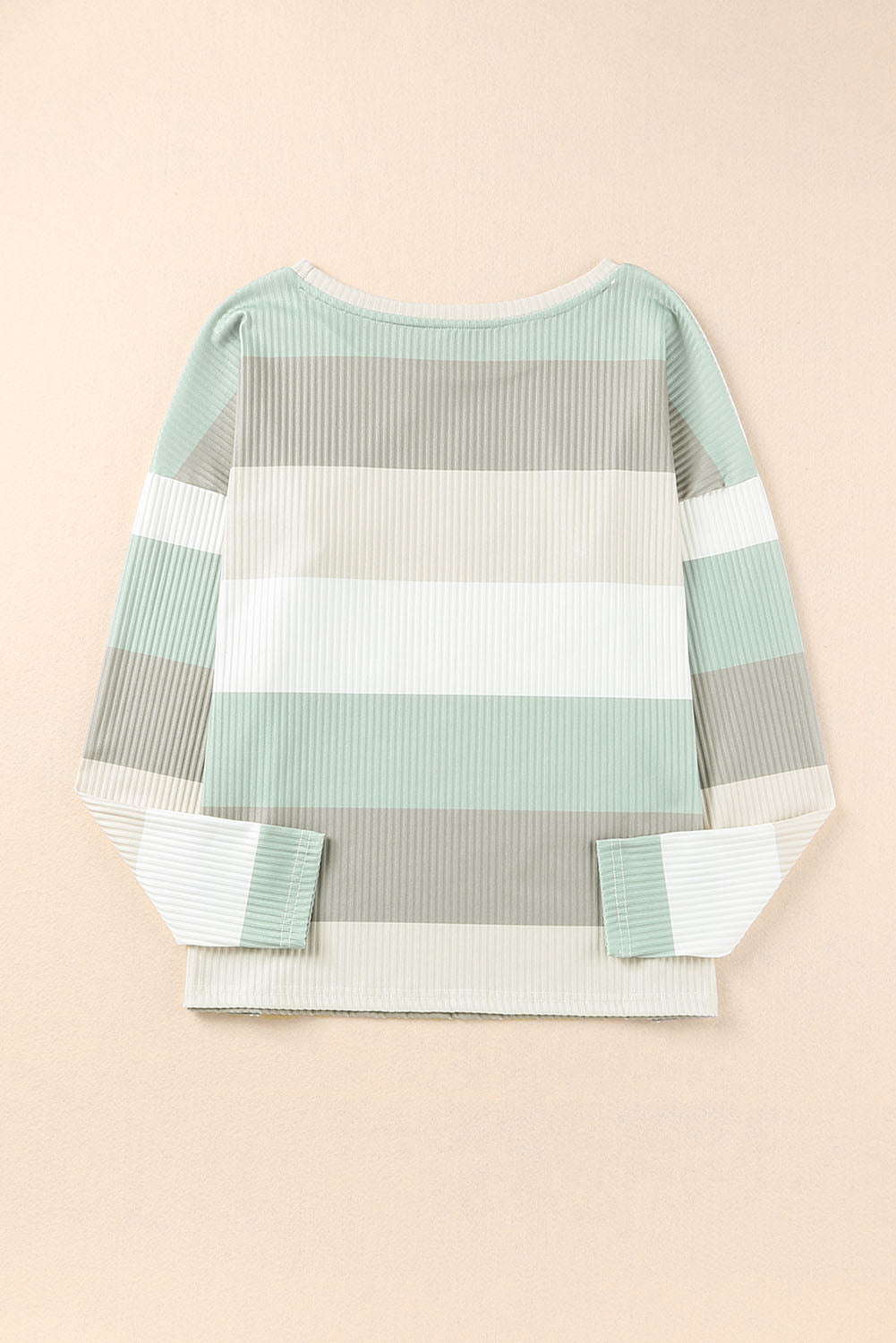 Green Striped Ribbed Long Sleeve Top with Chest Pocket