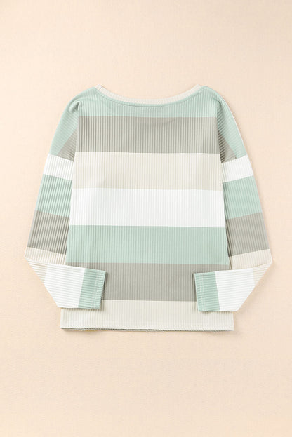 Green Striped Ribbed Long Sleeve Top with Chest Pocket