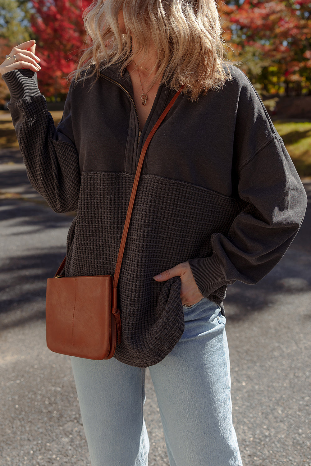 Carbon Grey Waffle Knit Patchwork Half Zipped Casual Sweatshirt