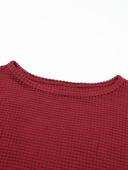 Fiery Red Waffle Knit Drop Sleeve Casual Top