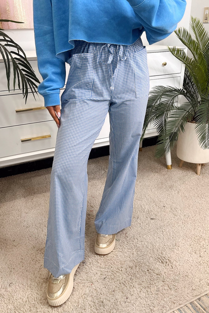 Sky Blue Gingham Drawstring Flared Leg Pants