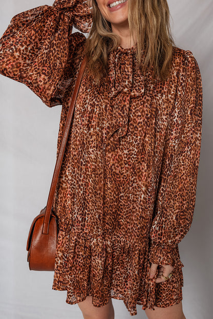 Brown Leopard Print Tie Neck Ruffled Long Sleeve Loose Fit Mini Dress
