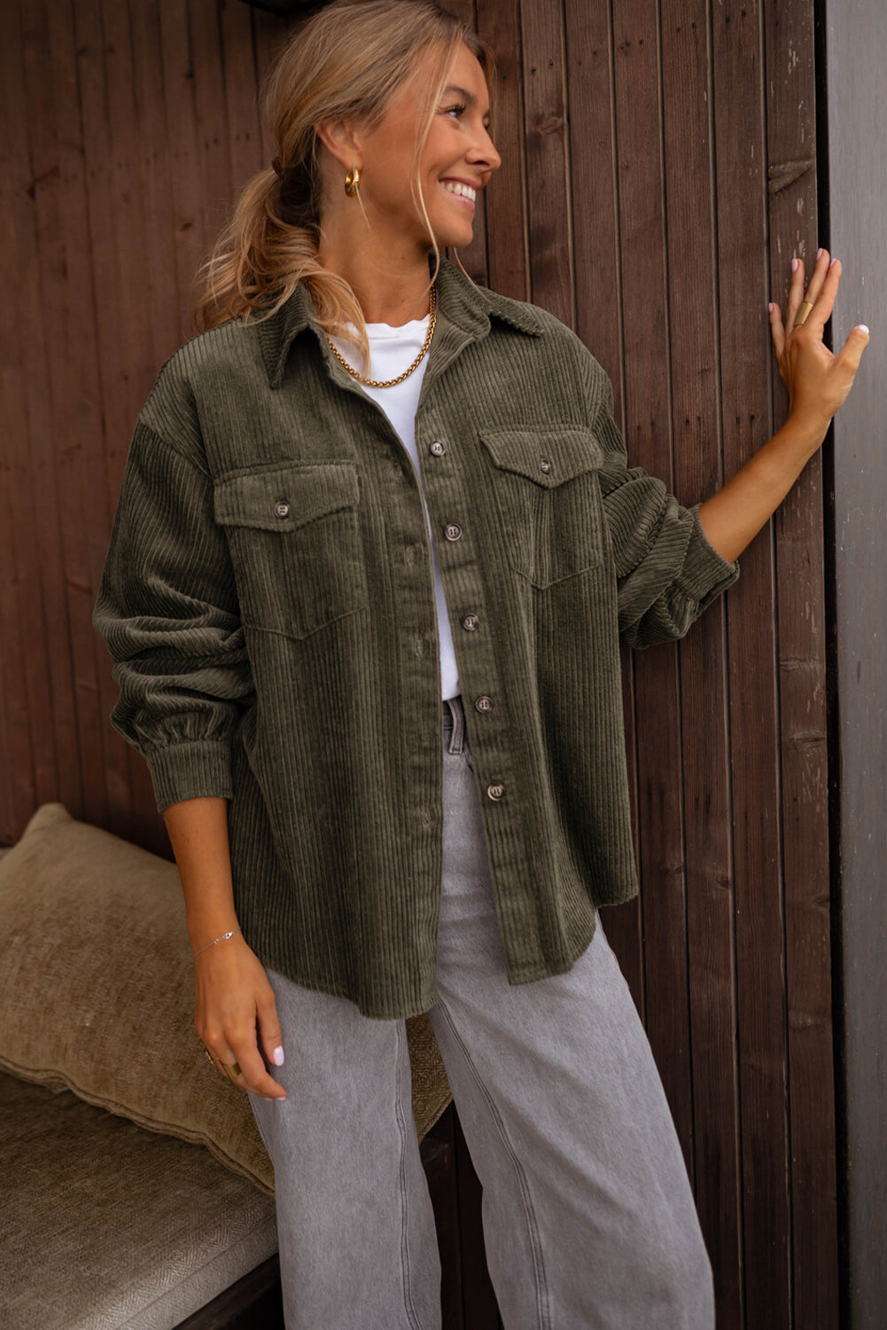 Moss Green Solid Color Button Flap Pocket Corduroy Shacket