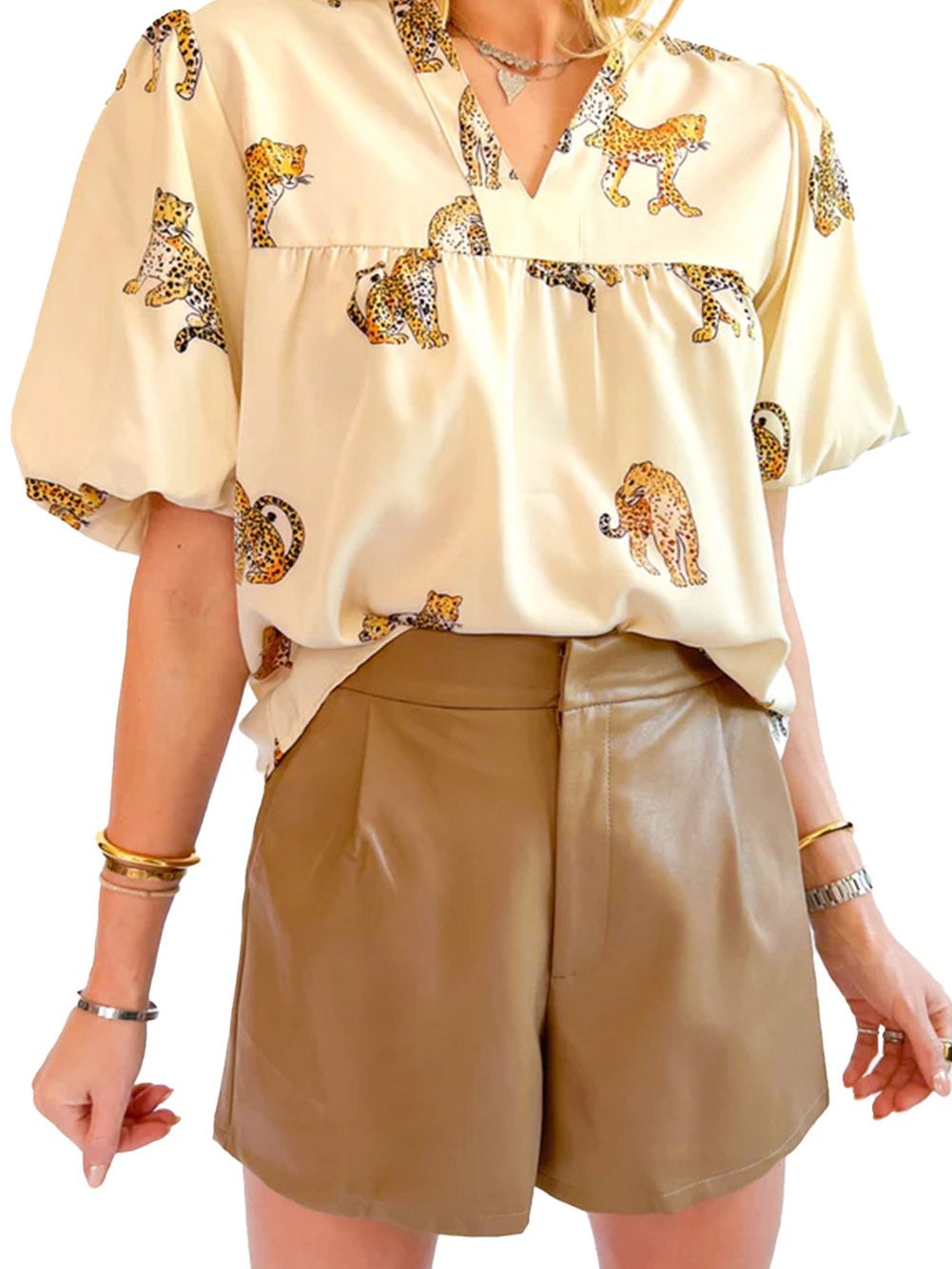 Apricot Leopard Print V-Neck Puff Half Sleeve Blouse