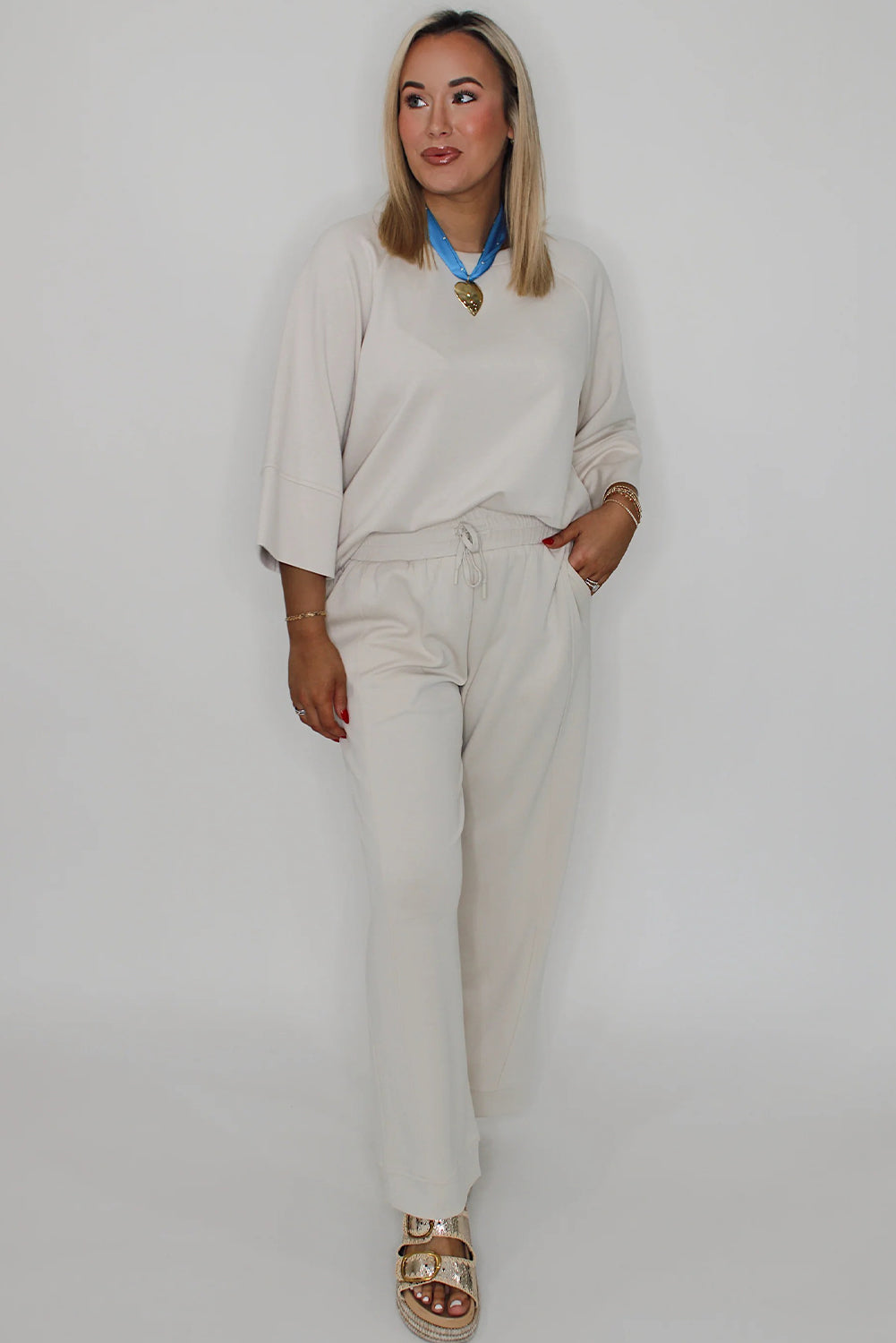 Jet Stream Solid Color 3/4 Loose Pullover Drawstring Pants 2pcs Outfit