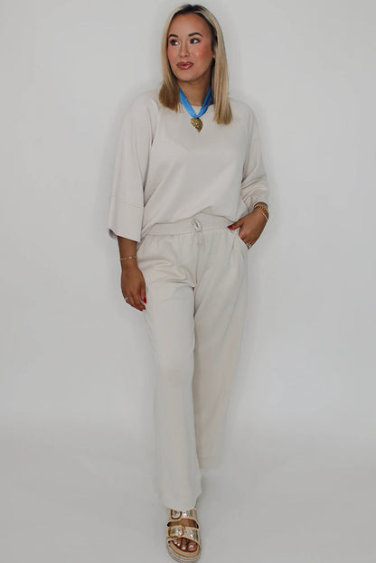 Jet Stream Solid Color 3/4 Loose Pullover Drawstring Pants 2pcs Outfit