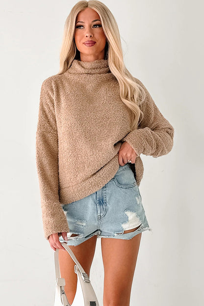 Camel High Neck Drop Shoulder Fuzzy Knit Sweater