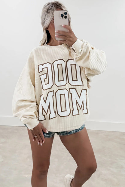 Beige Ribbed Texture DOG MOM Letter Print Oversize Sweatshirt