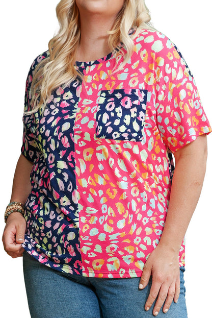 Leopard Patchwork Crew Neck Plus Size Tee