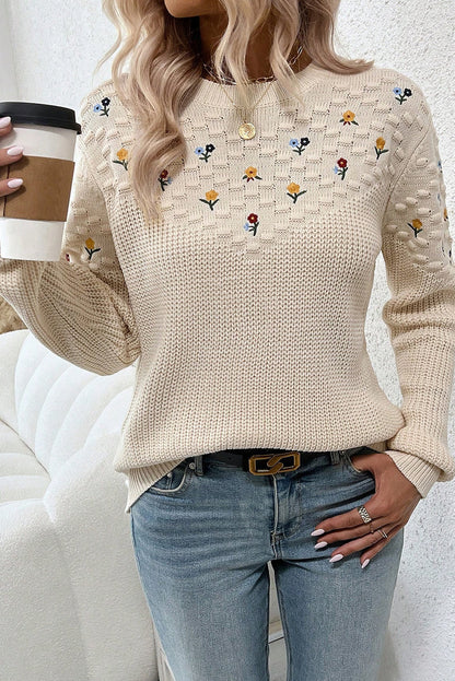 Jet Stream Mixed Texture Knit Flower Embroidered Detail Casual Sweater