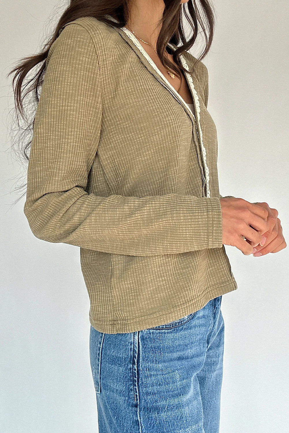 Sage Green Ribbed Knit Long Sleeve Lace Trim V Neck Buttoned Pullover Top