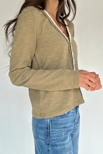 Sage Green Ribbed Knit Long Sleeve Lace Trim V Neck Buttoned Pullover Top