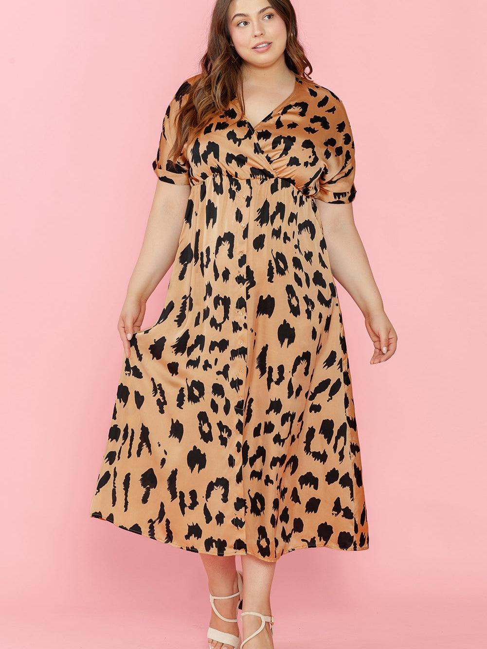 Safari Chic Khaki Leopard Print V Neck Maxi Dress