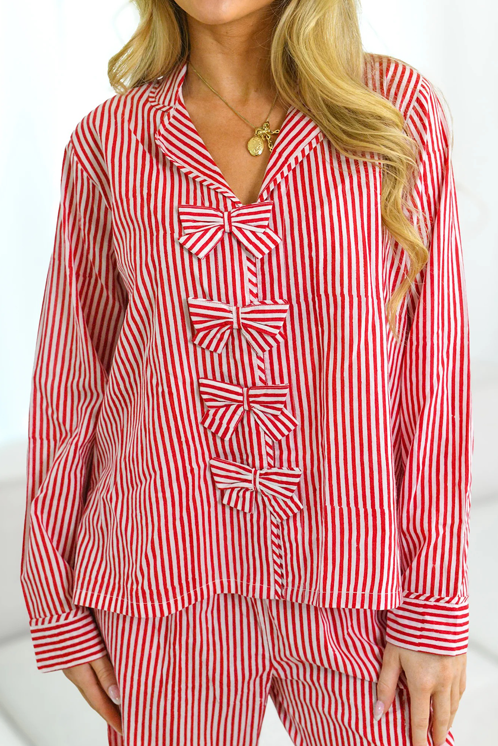 Red Stripe Bow Knot Front Lapel Collar Long 2pcs Lounge Set