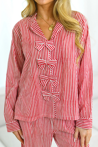 Red Stripe Bow Knot Front Lapel Collar Long 2pcs Lounge Set