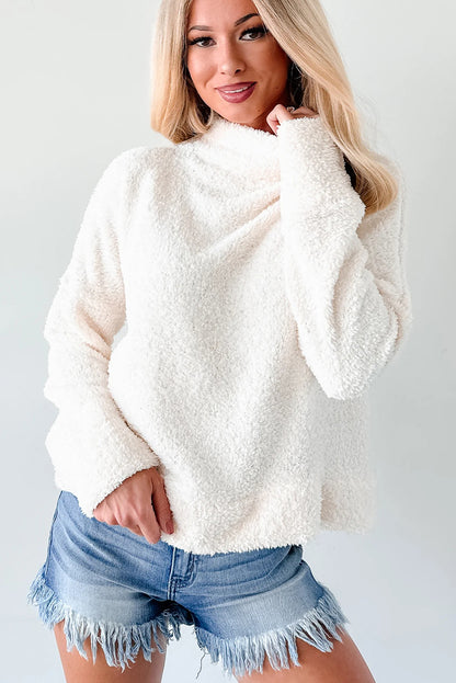 White High Neck Drop Shoulder Fuzzy Knit Sweater