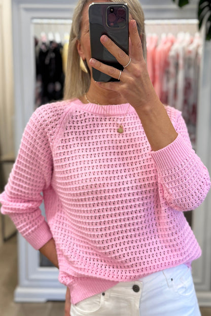 Pink Solid Color Pointellet Knit Raglan Sleeve Sweater
