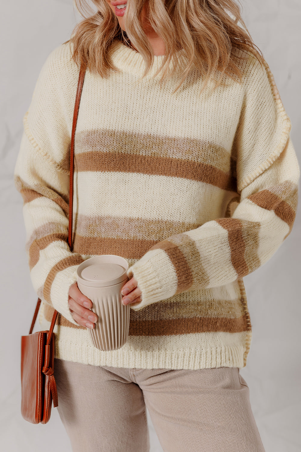 Khaki Stripe Exposed Seam Drop Shoulder Knit Baggy Sweater
