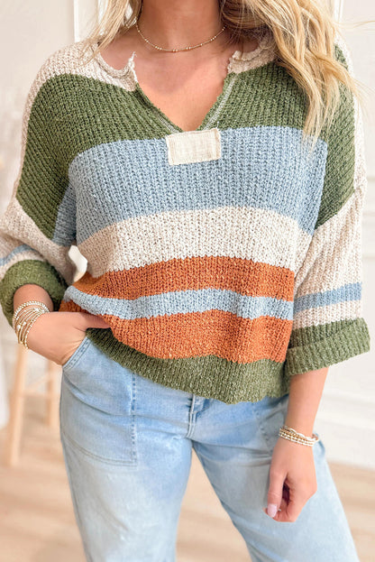 Green Striped Color Block Knit Split Neck Loose 3/4 Sleeve Side Split Sweater