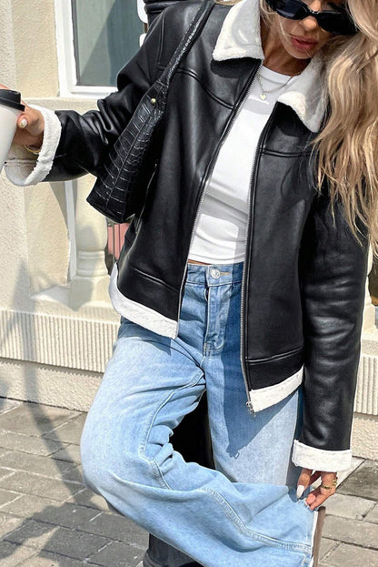 Black Faux Fur Contrast Trim Leather Jacket